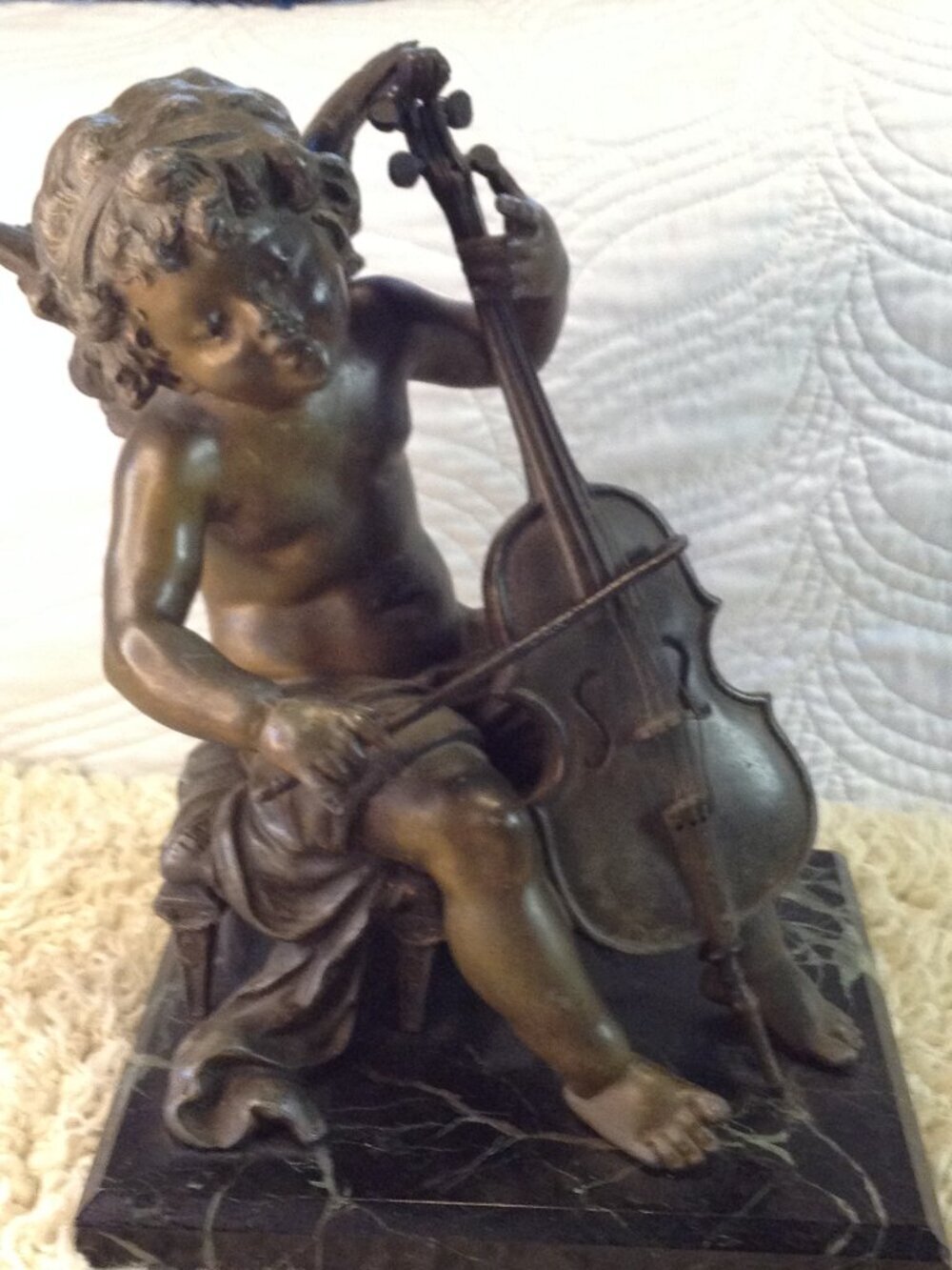 VTG 19th Century Resin Patinated "bronze" Black Marble Winged Cherub Traditional